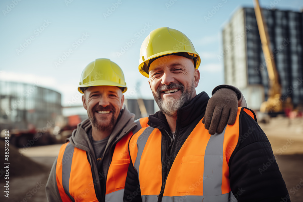 Portrait of construction worker wearing helmet and vest at construction site Portrait of construction worker wearing helmet and vest at construction site