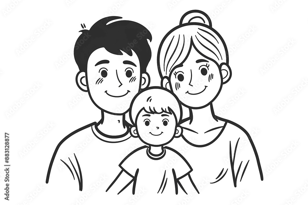 Simple Line Drawing of Happy Family with Father, Mother, and Child - Vector Illustration Simple Line Drawing of Happy Family with Father, Mother, and Child - Vector Illustration