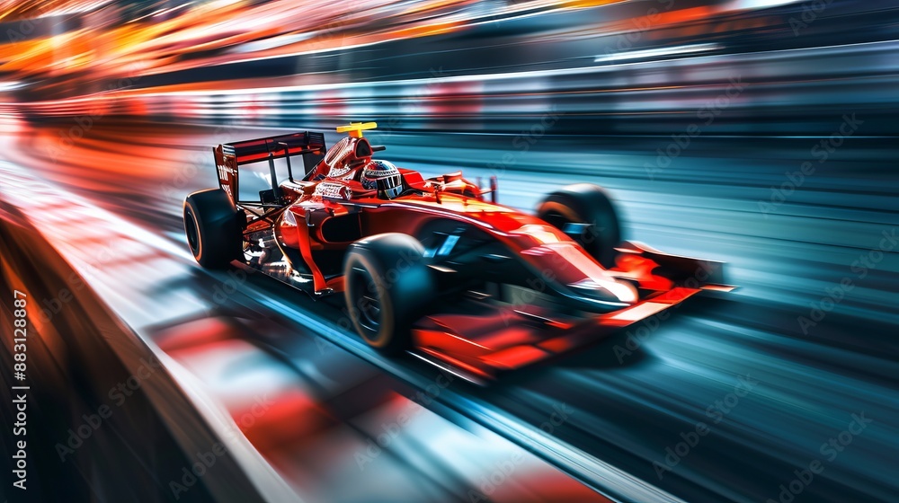 A red Formula 1 car is captured racing through the track at night, illuminated by bright lights. The image expresses speed, excitement, and the allure of nighttime racing. A red Formula 1 car is captured racing through the track at night, illuminated by bright lights. The image expresses speed, excitement, and the allure of nighttime racing.