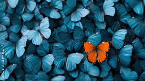 Striking image showcasing a unique orange butterfly standing out among a sea of blue butterflies, emphasizing themes of individuality and beauty in nature.