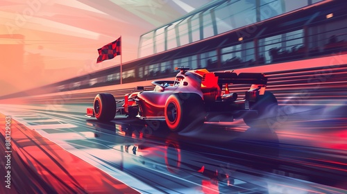 A high-speed Formula 1 car races towards the checkered flag with the backdrop of a stunning sunset, illuminating the scene with a dynamic and energetic flow.