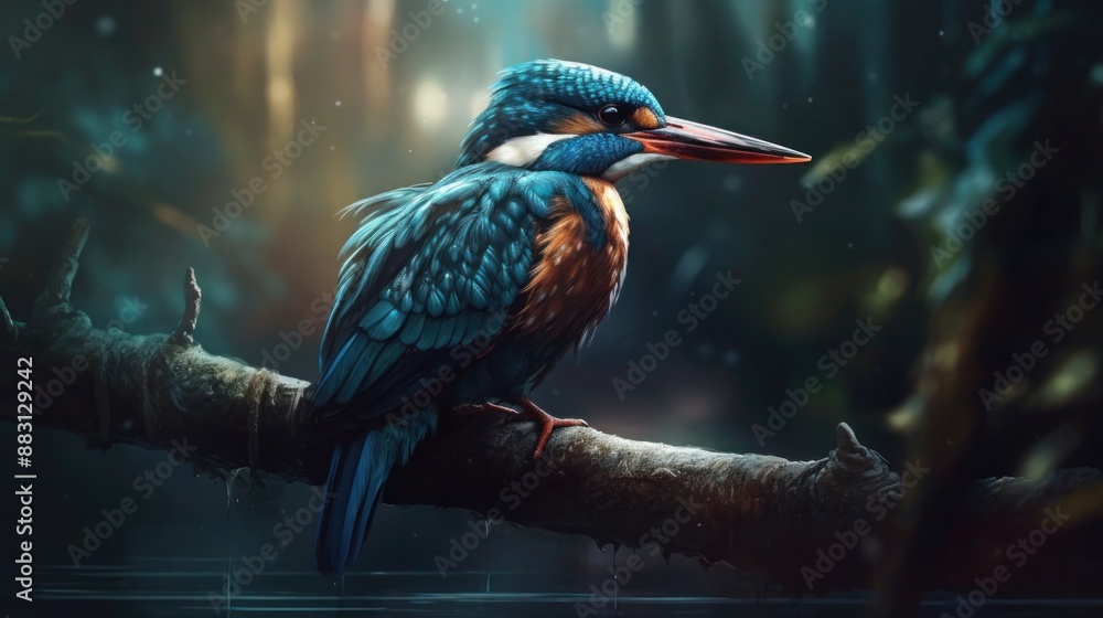 Naklejka premium Colorful kingfisher bird perched on a branch near water with blurred background