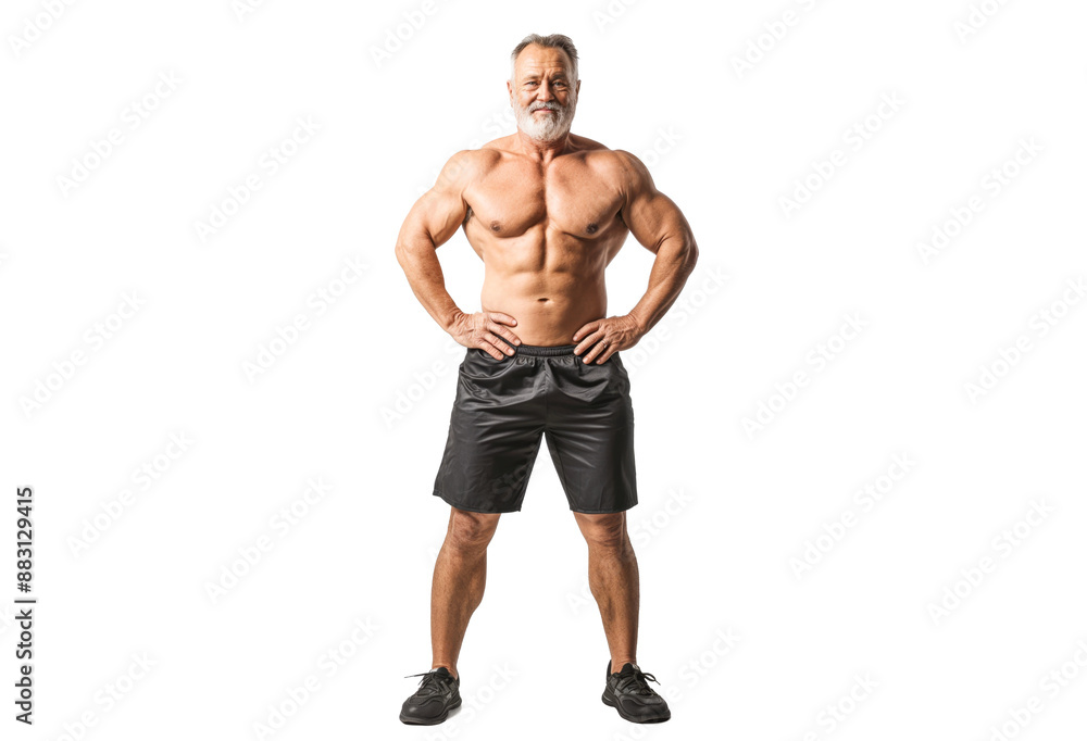 Muscular Mature Man in Black Shorts on White Background Muscular Mature Man in Black Shorts on White Background