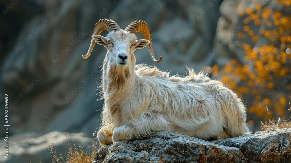 A serene mountain goat with impressive, curled horns, rests on a rocky outcrop in beautiful autumn light, surrounded by the warm hues of fall foliage in a rugged mountainous landscape. A serene mountain goat with impressive, curled horns, rests on a rocky outcrop in beautiful autumn light, surrounded by the warm hues of fall foliage in a rugged mountainous landscape.