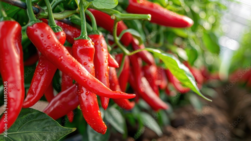 Red chili peppers hanging from green plants, showcasing their vibrant color and fresh appearance, hinting at their spicy flavor, used in cooking for adding heat to dishes. Red chili peppers hanging from green plants, showcasing their vibrant color and fresh appearance, hinting at their spicy flavor, used in cooking for adding heat to dishes.