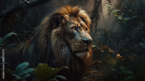 Majestic Lion in the Jungle Glowing in the Sunlight photo