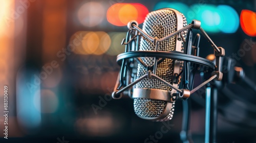 A high-quality professional condenser microphone positioned against a blurred, colorful bokeh background, representing sophistication in audio recording technology and ambient atmosphere.
