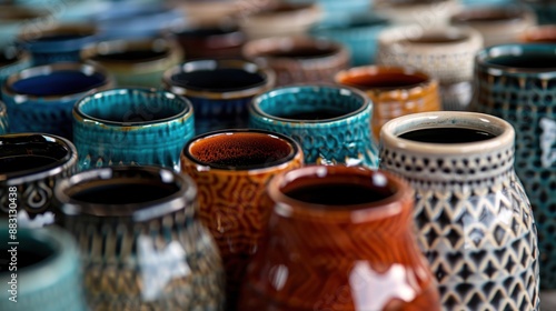 A diverse range of ceramic pots showcased together, featuring an array of vibrant glazes and detailed designs. The image highlights the artistry and variety in pottery craftsmanship. photo