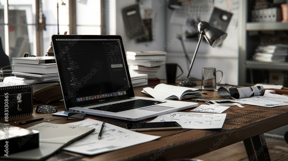 Laptop on a desk with paperwork and a lamp. Laptop on a desk with paperwork and a lamp.