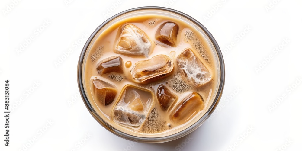Top-down shot of isolated iced coffee with milk in a clear glass on a white background Top-down shot of isolated iced coffee with milk in a clear glass on a white background