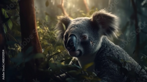 Portrait of a curious koala in the eucalyptus forest photo