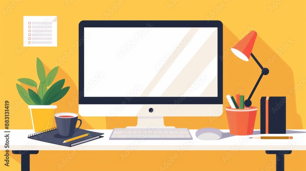 Modern Workspace with Computer, Plants, and Coffee. Modern Workspace with Computer, Plants, and Coffee.