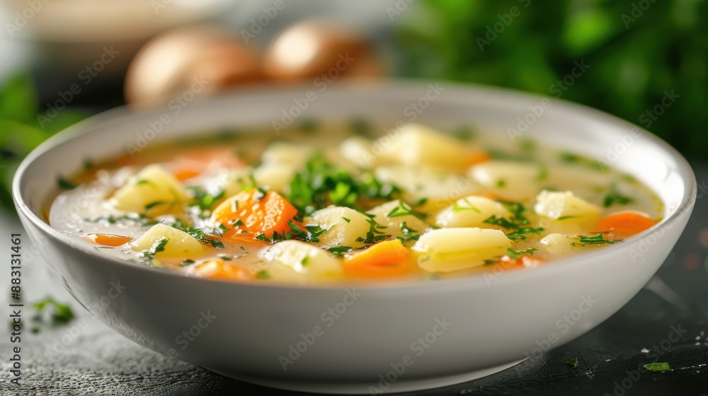 A close-up view of a bowl filled with a hearty vegetable soup showcasing chunks of potatoes, carrots, and other vegetables, garnished with fresh green herbs for an appetizing look. A close-up view of a bowl filled with a hearty vegetable soup showcasing chunks of potatoes, carrots, and other vegetables, garnished with fresh green herbs for an appetizing look.