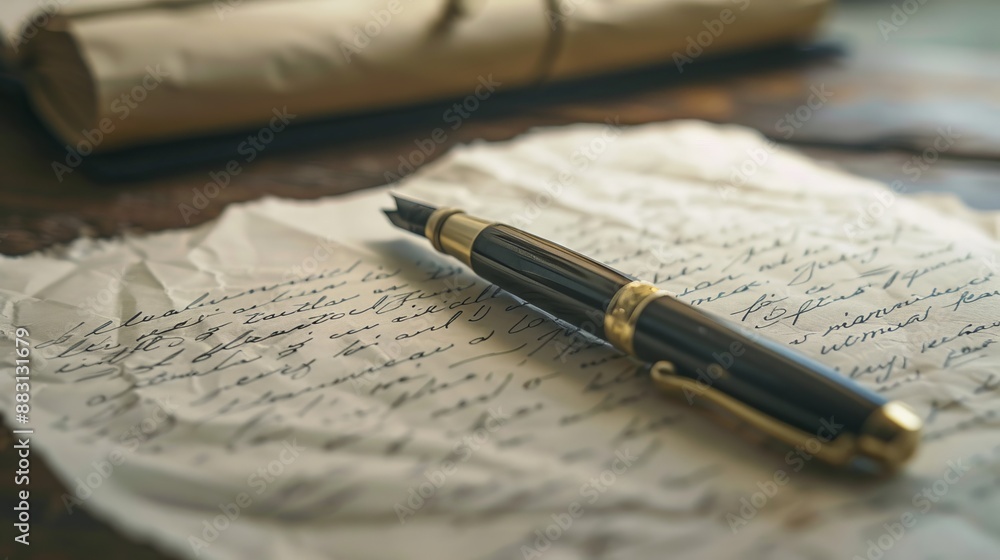 A crumpled, handwritten note lies next to a vintage fountain pen, capturing the essence of traditional writing and a sense of nostalgia on a rustic wooden surface. A crumpled, handwritten note lies next to a vintage fountain pen, capturing the essence of traditional writing and a sense of nostalgia on a rustic wooden surface.