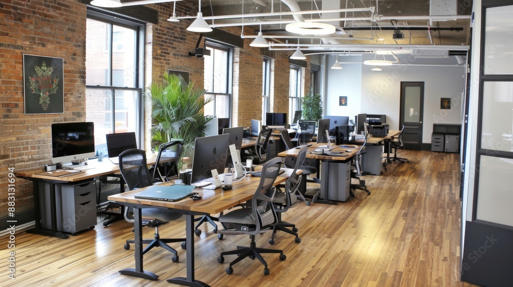 Modern Open Plan Office Space with Exposed Brick Walls. Modern Open Plan Office Space with Exposed Brick Walls.