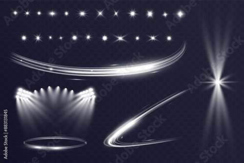 	
Light wave shine spotlight effect,vector glow line sparkle shine. Silver wavy effects.	
