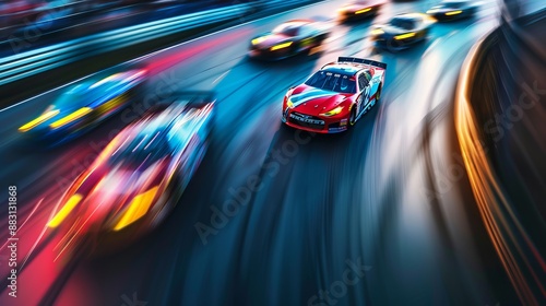 A visually striking image capturing the motion of several racing cars as they blur through a corner on a racetrack, highlighting the speed and precision of motorsport.