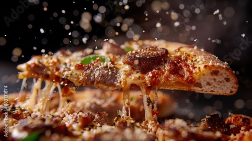 A mouth-watering slice of hot pizza with melting cheese and a variety of toppings, being lifted up in mid-air, sprinkled with grated cheese and herbs, against a dark background. photo