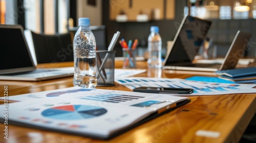 Business Meeting Table with Charts and Water Bottle.