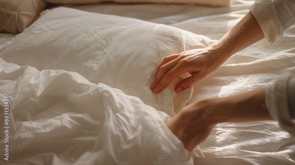 Making a Bed: Hands tucking in sheets and arranging pillows, with a neatly made bed in a cozy bedroom.
Making a Bed: Hands tucking in sheets and arranging pillows, with a neatly made bed in a cozy bedroom.