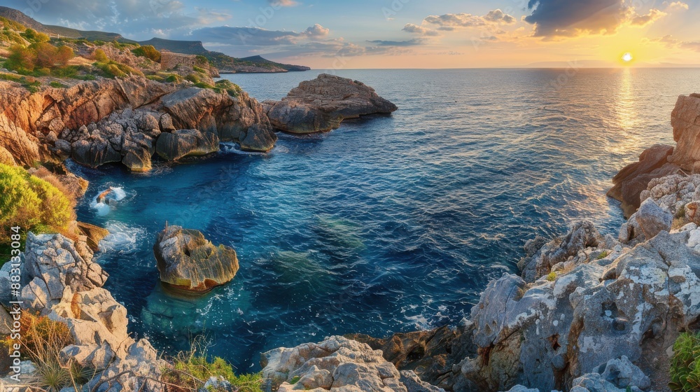 behind the rugged cliffs for copy space, blue sea, rocks and greenery behind the rugged cliffs for copy space, blue sea, rocks and greenery