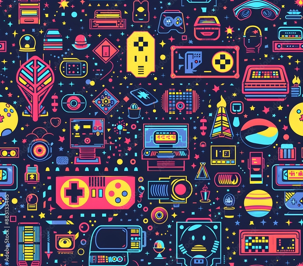 Seamless Retro Arcade Inspired Birthday Party Pattern with Vibrant Pixel Art and Vintage Gaming Console Accents Seamless Retro Arcade Inspired Birthday Party Pattern with Vibrant Pixel Art and Vintage Gaming Console Accents