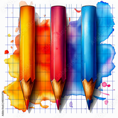 Yellow, pink and blue pencils on grid paper with colorful watercolor splashes. School supplies illustration.