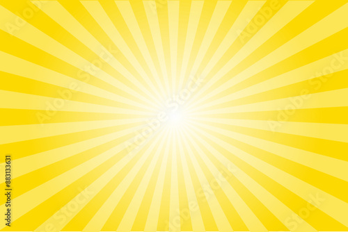 Abstract yellow sun ray vector background. Radial beam sunrise or sunset light retro design illustration. Light sunburst glowing sizzling sunrise yellow background.