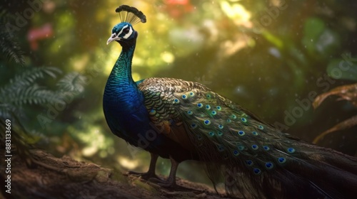 Wallpaper Mural Peacock standing regally in a lush green forest with a blurred background Torontodigital.ca