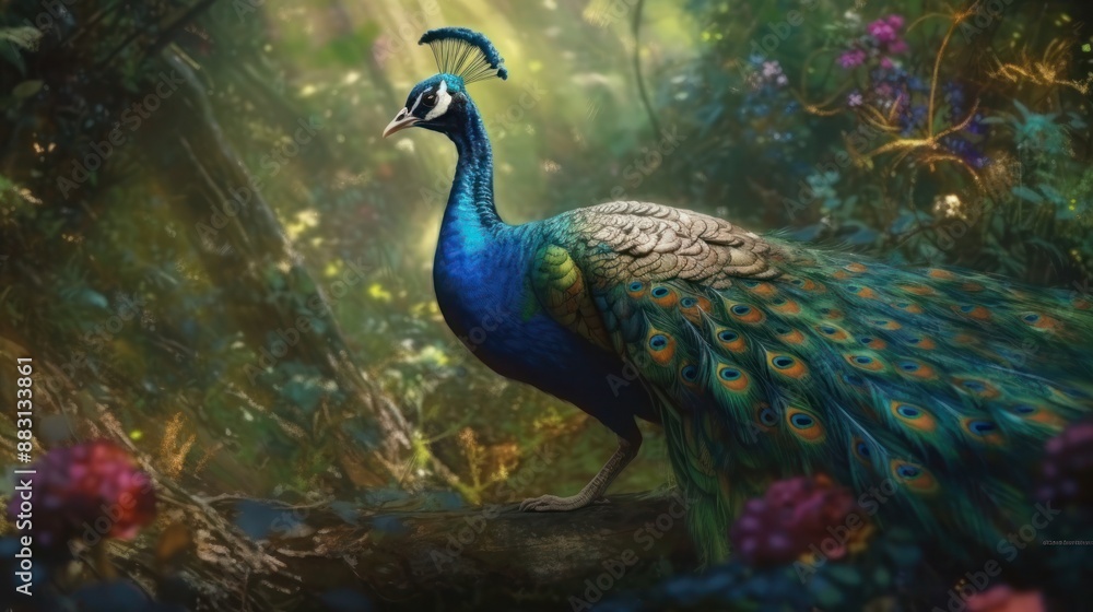 Fototapeta premium Majestic Peacock in a Lush Enchanted Forest