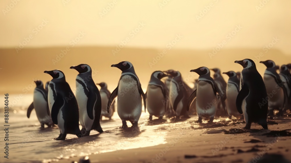 Obraz premium Adelie penguins walking on beach at sunset in Antarctica