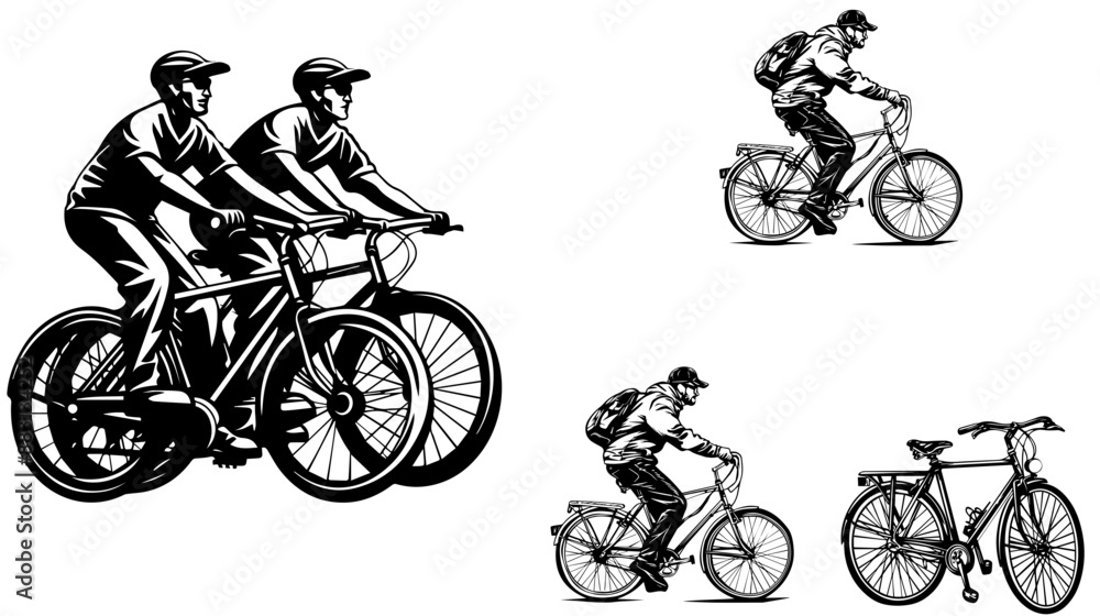 Obraz premium illustration of racing bicycle,Man, woman and child bicycles detailed vector silhouette collection