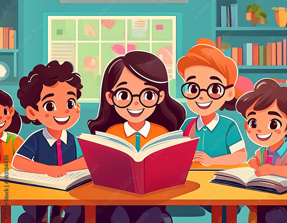 Diverse Kids and Teacher in 1960s Retro Classroom, Boys and Girls Studying and Learning Diverse Kids and Teacher in 1960s Retro Classroom, Boys and Girls Studying and Learning