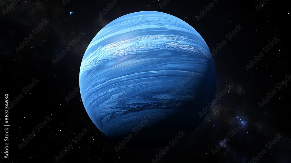A vivid representation of a blue gas giant planet with swirling cloud patterns, resting in the vast dark universe, showcasing the enormity of outer space. A vivid representation of a blue gas giant planet with swirling cloud patterns, resting in the vast dark universe, showcasing the enormity of outer space.