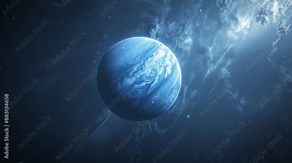 An enchanting view of a blue spherical planet, highlighted by surrounding cosmic cloud formations, emphasizing the allure and enigmatic nature of outer space. An enchanting view of a blue spherical planet, highlighted by surrounding cosmic cloud formations, emphasizing the allure and enigmatic nature of outer space.