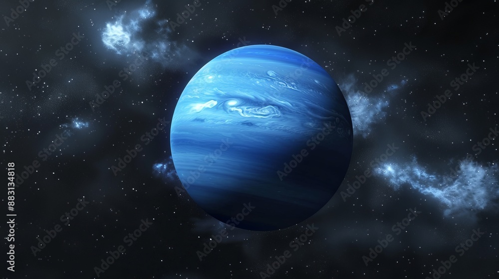 Obraz premium A stunning blue planet floats gracefully in deep space, surrounded by twinkling stars and ethereal cosmic clouds, illustrating the beauty of the universe.