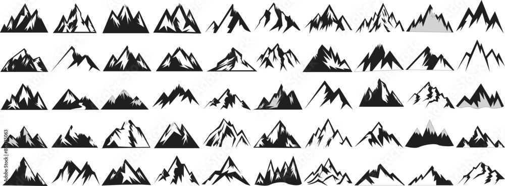 Naklejka premium Mountains icon vector set for hike, travel illustration, camping symbol collection. 01