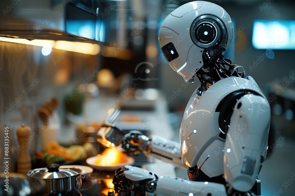 Fototapeta premium A Robot and Its Human Companion Cook Dinner Together