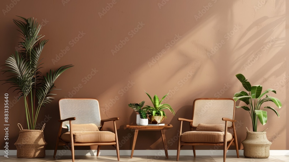 Fototapeta premium Two Mid-Century Armchairs in a Brown Room with Plants, Interior Design, Home Decor, Cozy Living Room, Mid Century Modern , armchair , plants