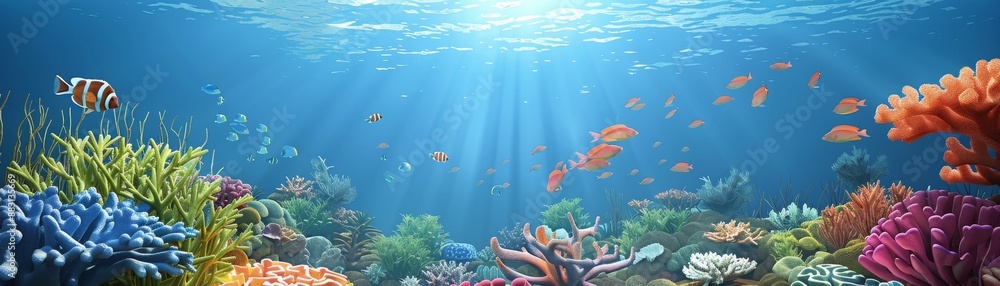 Fototapeta premium Underwater Paradise A Colorful Coral Reef with Sunbeams, Digital Art, Colorful Fish, Coral, Ocean, Underwater, Sun