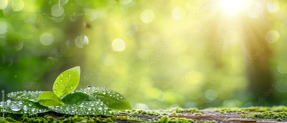 Fresh green leaves with water droplets on a mossy surface against a blurred sunny background, symbolizing growth and new beginnings. Fresh green leaves with water droplets on a mossy surface against a blurred sunny background, symbolizing growth and new beginnings.