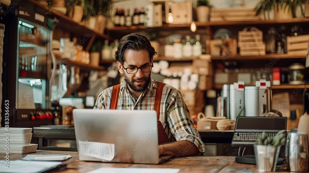 Small Business Owner Analyzing Budget Data on Laptop for Future Planning Small Business Owner Analyzing Budget Data on Laptop for Future Planning