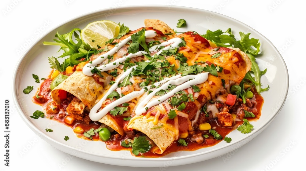 Close-up of Three Enchiladas Topped with Sour Cream, Cheese, and Parsley on a White Plate, enchilada , mexican food , dinner , dish Close-up of Three Enchiladas Topped with Sour Cream, Cheese, and Parsley on a White Plate, enchilada , mexican food , dinner , dish