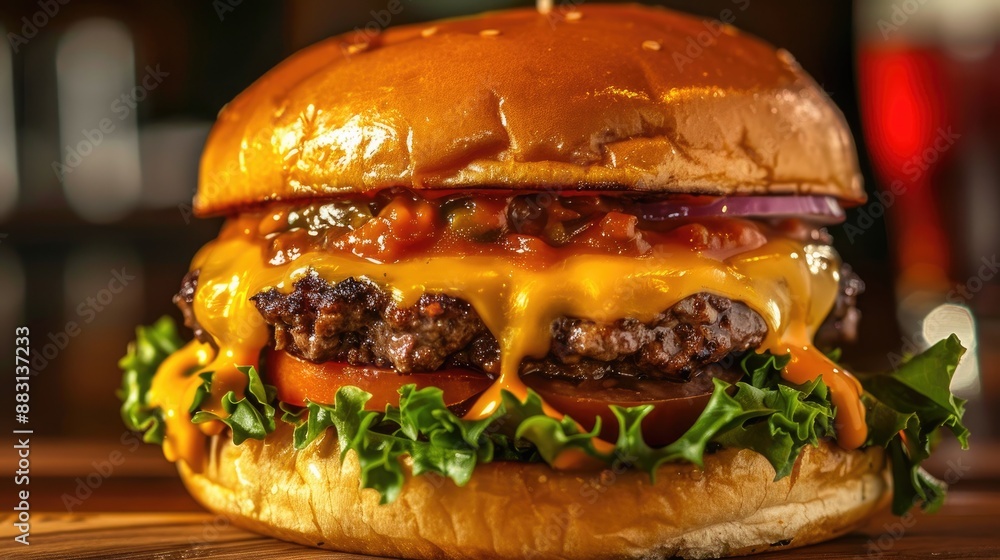 Delicious cheeseburger with all the fixings on a bun Delicious cheeseburger with all the fixings on a bun