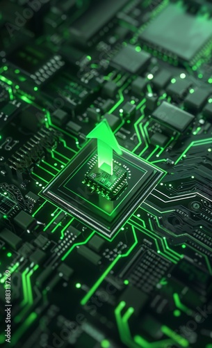 Sustainable Future Symbolized by a Green Arrow Emerging from a Microchip on a Circuit Board: Eco-Tech Advancements in Sustainable Electronics