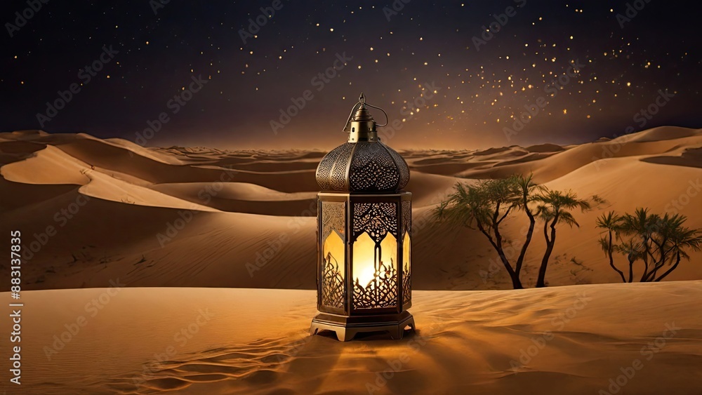 Ornate Lantern Illuminating Desert Night. Ornate Lantern Illuminating Desert Night.