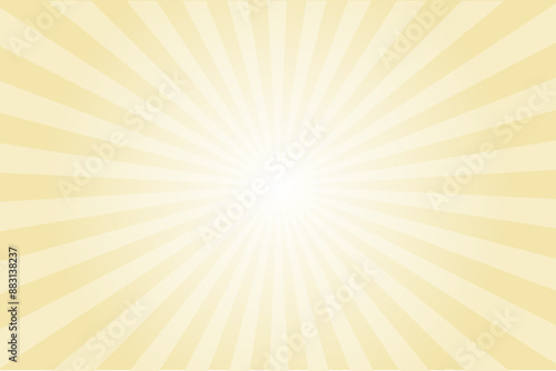 Vanilla yellow sun ray vector background. Radial beam sunrise or sunset light retro design illustration. Light sunburst glowing background.