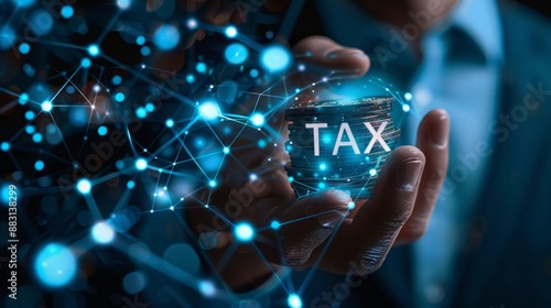 Integrating Tech in Tax Management: A Digital Hand Holding Holographic Coins with 'TAX' Reflecting Modern Finance Solutions. Advanced Digital Accounting and Fintech Innovations.