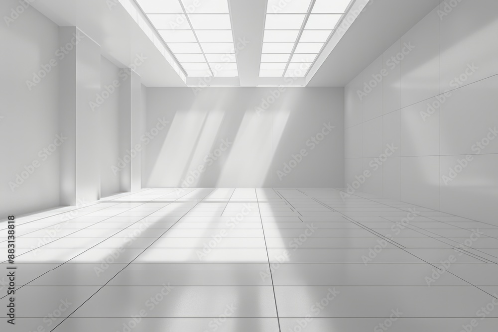 A white empty room with a square tile floor and white walls with a skylight above, a futuristic interior design. A white empty room with a square tile floor and white walls with a skylight above, a futuristic interior design.