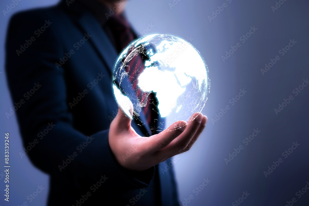double exposure businessmen and simulation of globe on hand double exposure businessmen and simulation of globe on hand